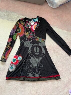 Desigual Black Multi-Color Long Sleeve Minnie Graphic Dress